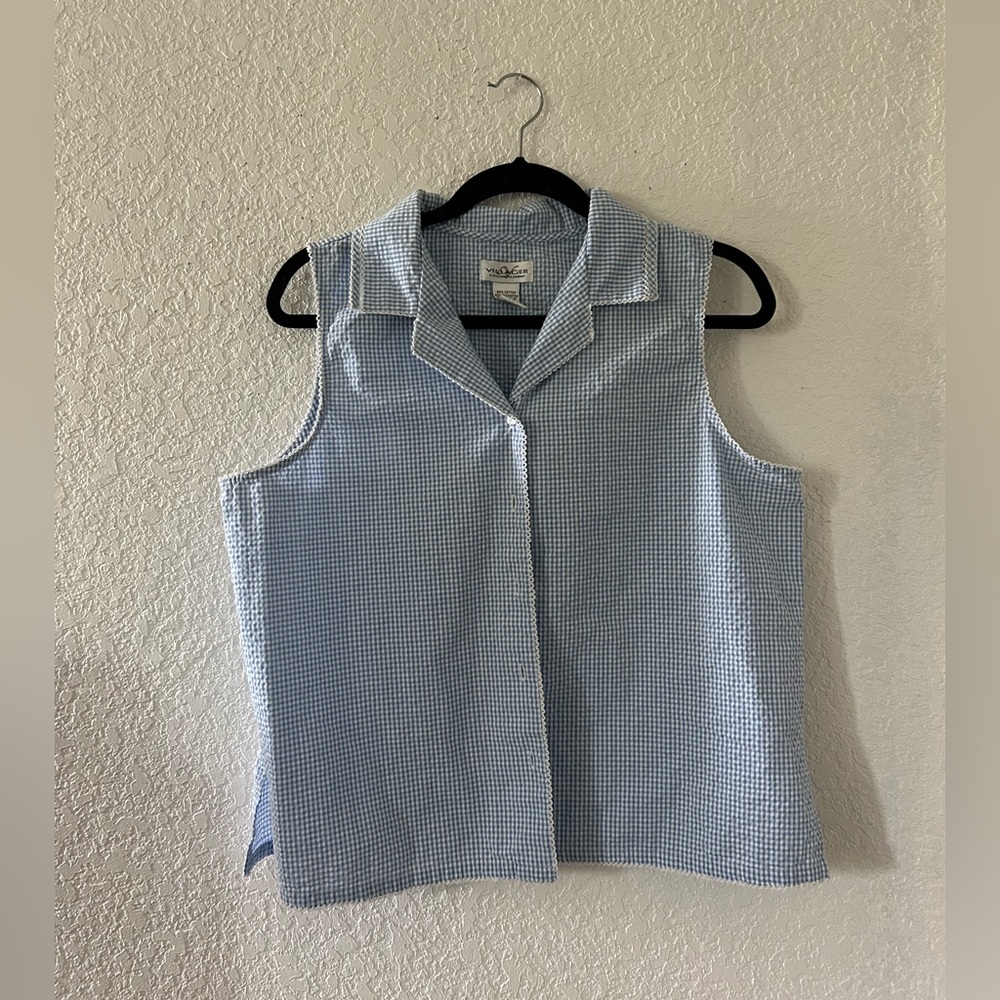 Vintage Villager Sleeveless Gingham Button Down Shirt with Notched Collar